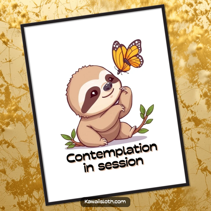 Funny Digital Art Print of a sloth slowly nodding its head, mesmerized by a butterfly, ideal for print-on-demand or digital display.