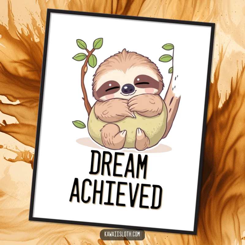 Funny digital art print of a sloth with dreamy eyes hugging a soft mossy pillow, creating a cozy and humorous visual.