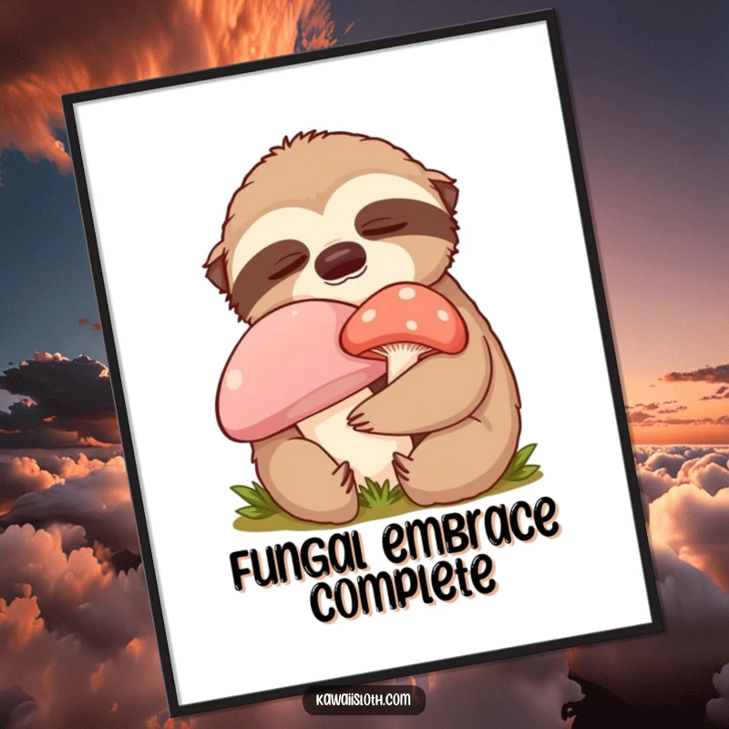 Funny content sloth digital art print featuring a sloth hugging a mushroom with closed eyes, offering instant comical coziness.