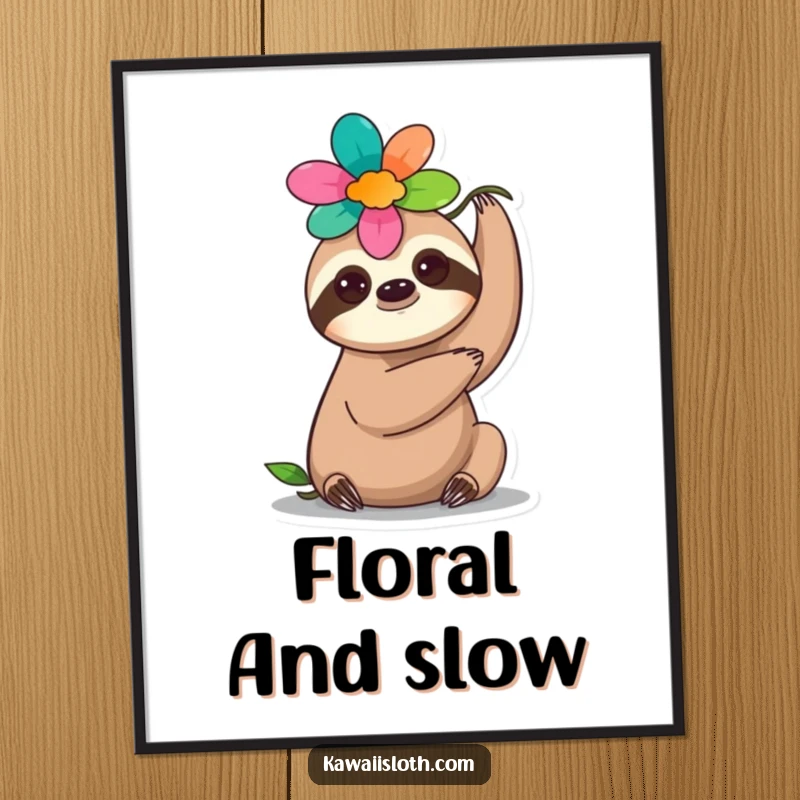 Funny flower sloth digital art print, depicting a sloth gracefully balancing a colorful flower on its head.
