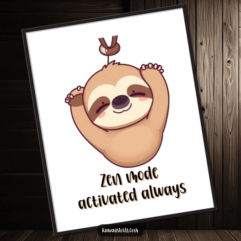 Funny kawaii sloth digital art print hanging upside down serenely blinking with a faint smile, depicting a cute and humorous character for calm decor.