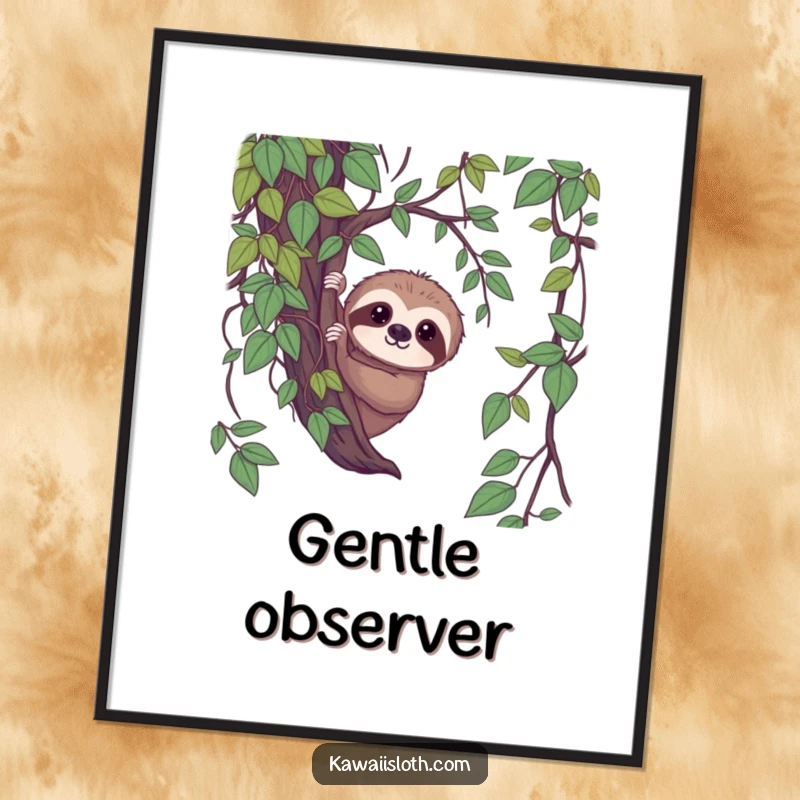 Funny shy sloth digital art, sloth peeking from vines with a gentle gaze, humorous printable decor, perfect funny gift.