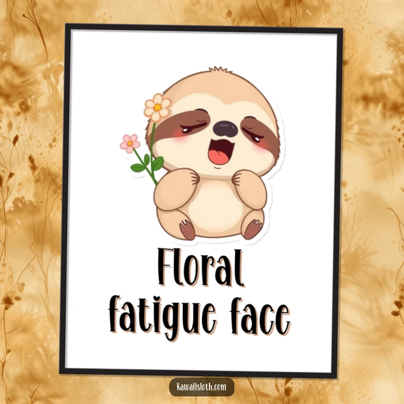Funny sleepy sloth digital art print featuring a yawning sloth with a flower, offering instant comical relaxation.