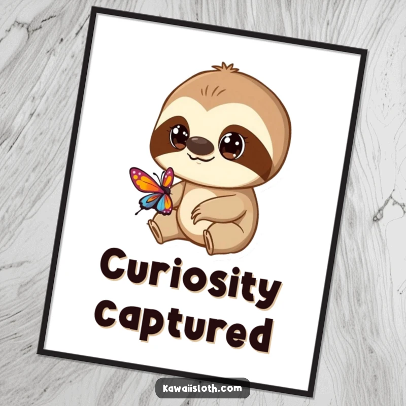 Funny digital art print of a sloth with wide, curious eyes observing a colorful butterfly, creating a whimsical scene.