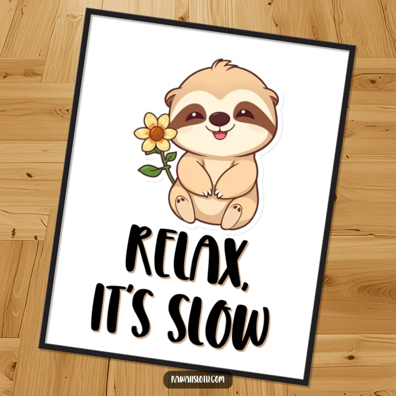 Funny happy sloth with a flower behind its ear waving slowly as a digital art print, perfect for adding calm and humorous decor.
