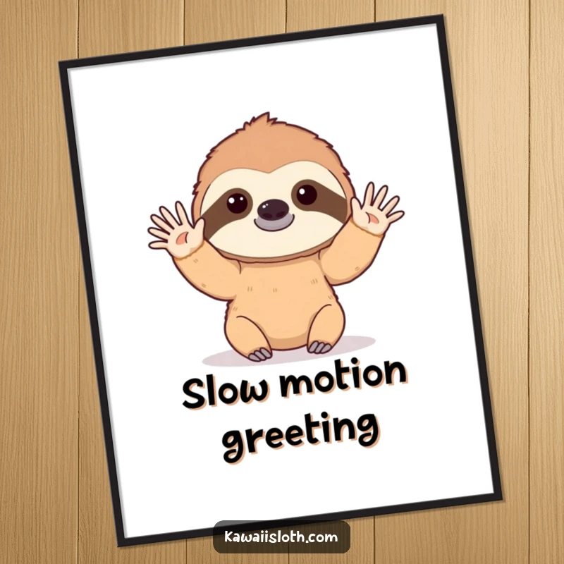 Funny digital art print of a sloth slowly waving hello with a gentle, drawn-out motion, offering instant humorous and warm decor.