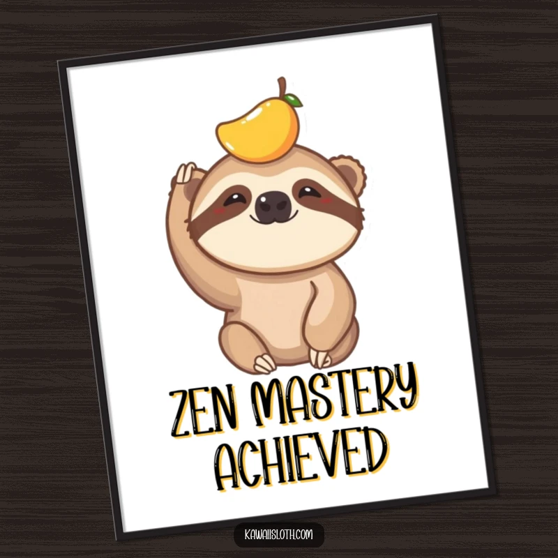 Funny digital art print of a sloth humorously balancing a small piece of fruit on its head, perfect for instant wall decor.