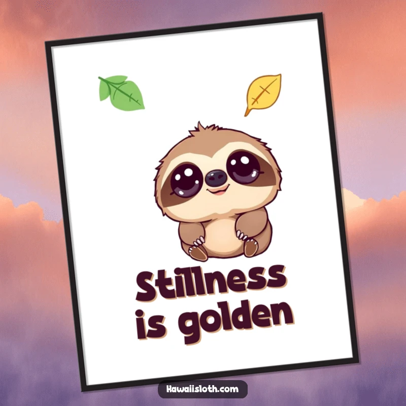 Funny digital art print of a sloth with large, kind eyes watching a leaf fall, ideal for humorous, serene wall decoration.