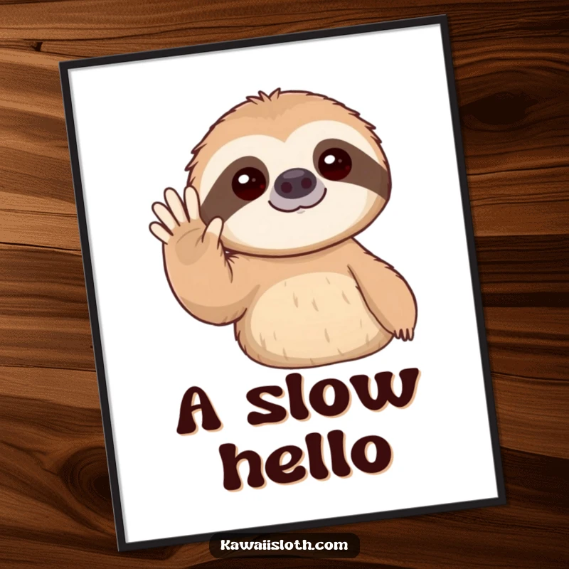 Funny digital art print of a sloth slowly waving its arm, conveying a sense of gentle greeting and friendliness.