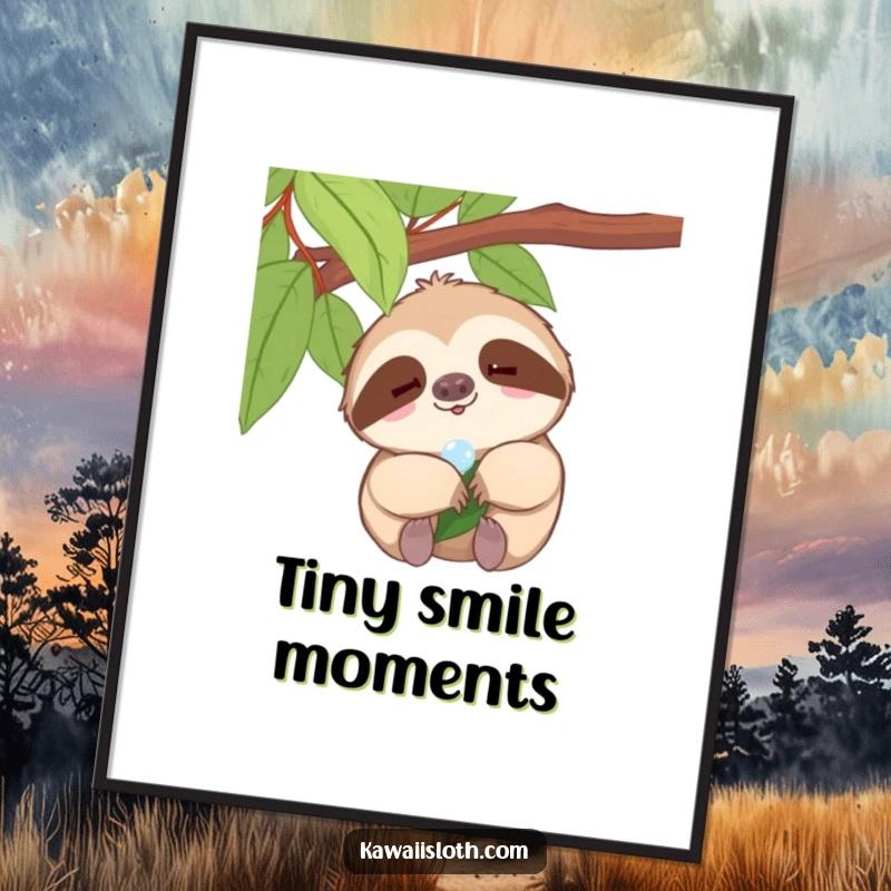 Funny sloth digital art, tiny smile sloth enjoying a dewdrop on a leaf, humorous printable decor, perfect funny gift.