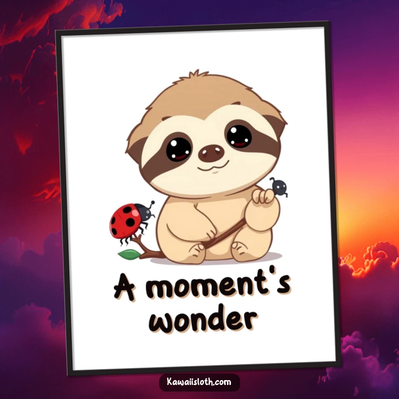 Funny sloth digital art print of a sloth with dreamy eyes watching a ladybug, perfect for instant download and humorous, whimsical decor.