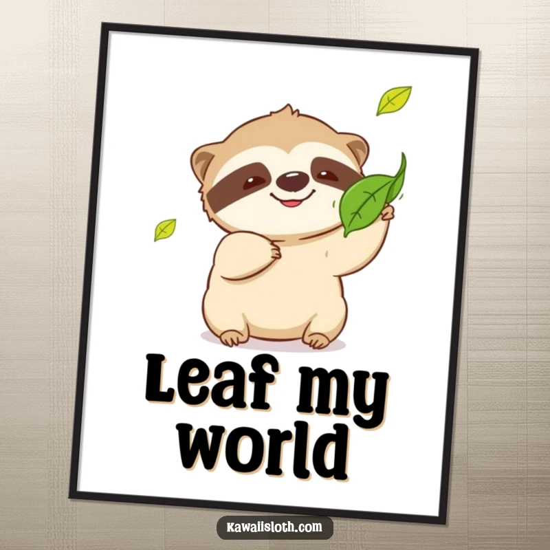 Funny sloth digital art, playful sloth grinning, hilariously attempting to catch a falling leaf, humorous printable decor, perfect funny gift.