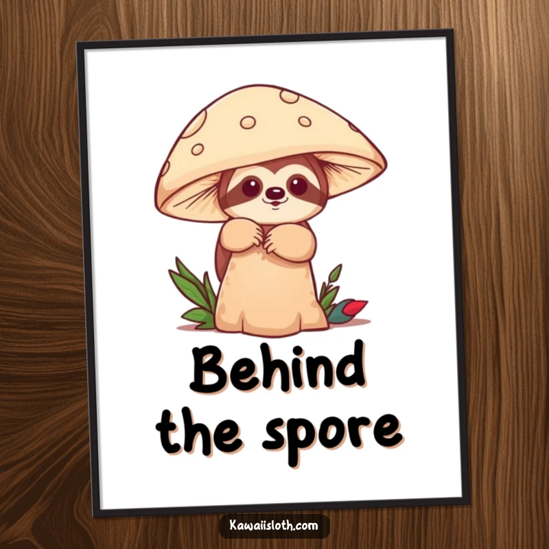 Funny digital art print of a sloth playfully peeking from behind a mushroom, perfect for whimsical decor. A humorous gift.