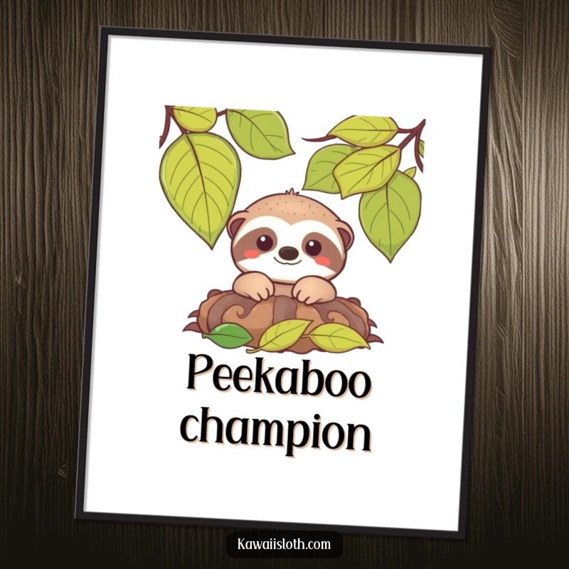 Funny digital art print of a smiling sloth peeking from leaves, perfect for instant, charming wall decor.