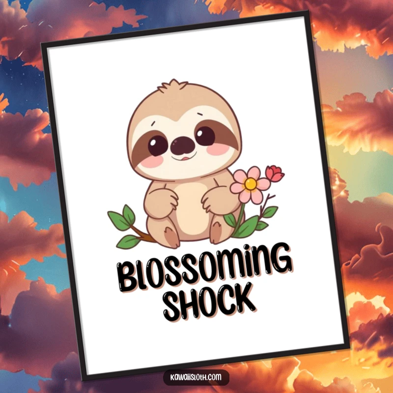 Funny digital art print of a surprised sloth finding a hidden flower, perfect for screensavers or prints. A humorous gift.