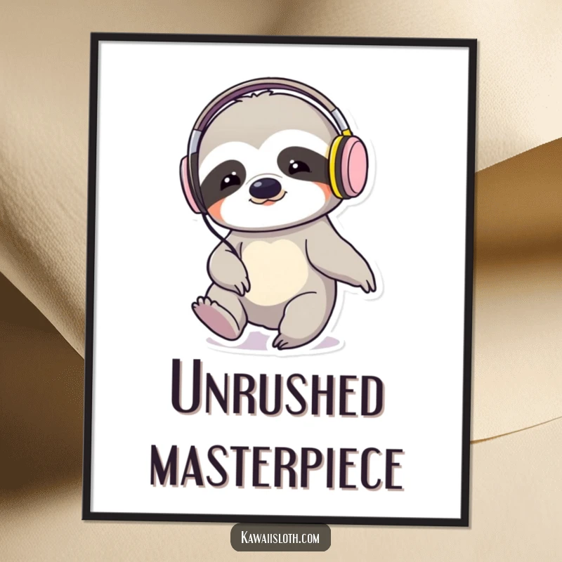 Funny sloth wearing headphones, tapping its foot to music, available as a downloadable digital art print.