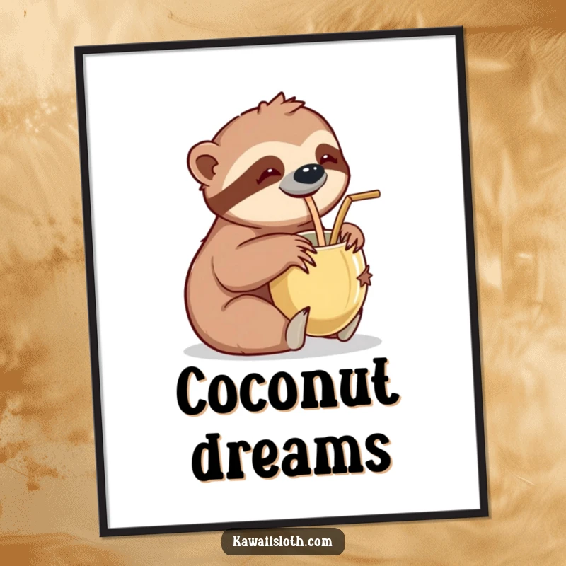Funny digital art print of a sloth leisurely sipping from a coconut cup with a straw, creating a relaxing and humorous visual.