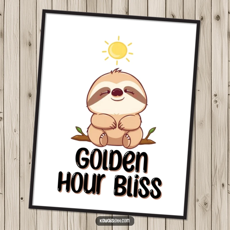 Funny sloth with closed eyes, enjoying a sunbeam, available as a downloadable digital art print, evoking tranquility.