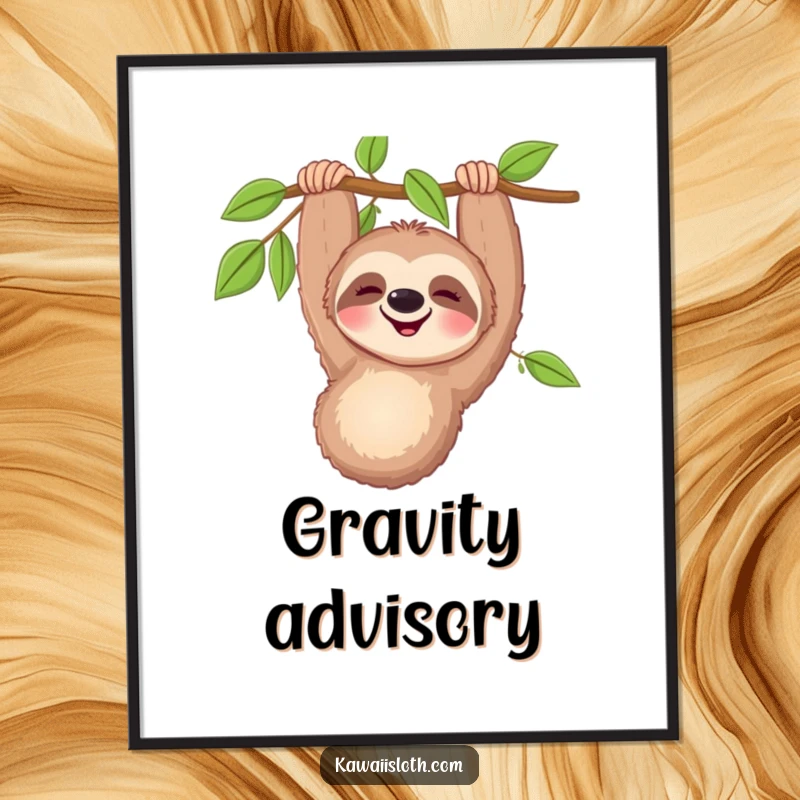 Funny happy sloth digital art print featuring a smiling sloth hanging upside down, offering instant humorous decor.
