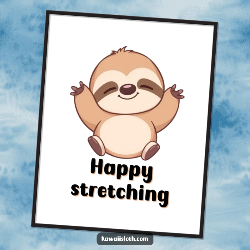 Funny digital art print of a sloth stretching contentedly with a peaceful smile, embodying zen and humor. A humorous gift.