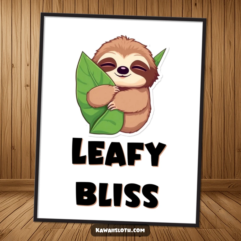 Funny digital art print of a sloth with wide, sleepy eyes, hugging a giant leaf, perfect for adding cozy comfort to any room.