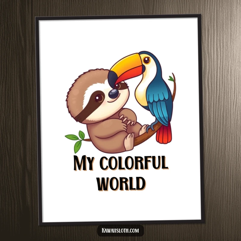 Funny sloth curiously observing a colorful toucan, digital art print, instant humorous wall decor for screen readers.