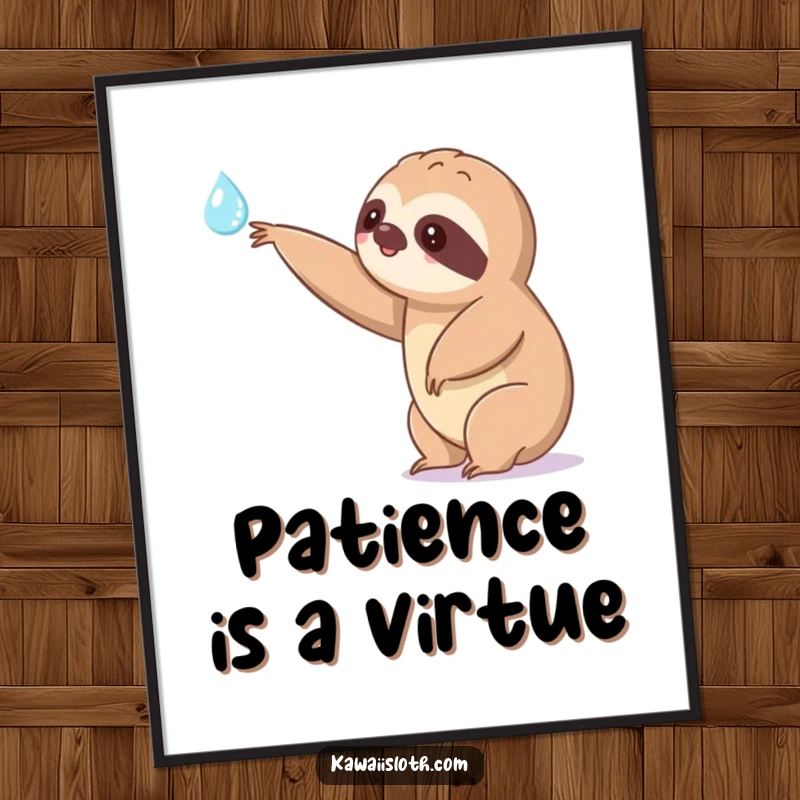 Funny kawaii sloth digital art print extending a slow arm towards a shimmering dewdrop, depicting a cute and humorous character for inspiring decor.