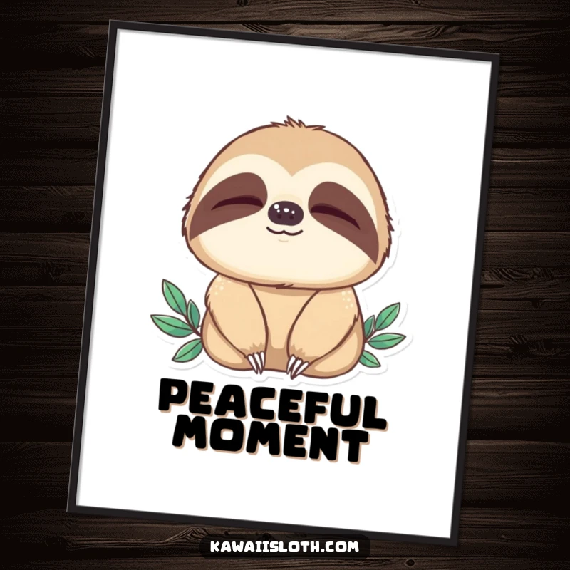 Funny digital art print of a sloth blinking slowly, conveying deep peace. High-resolution graphic for instant serene wall decor.