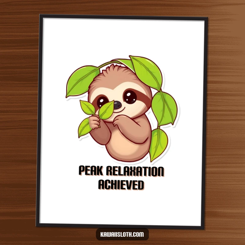 Funny sloth digital art print featuring a cute sloth holding a vibrant leaf, perfect for instant download and humorous wall decor.