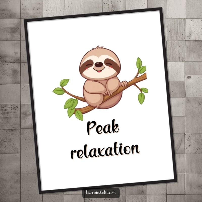 Funny digital art print of a sloth with a relaxed smile, gently swaying on a tree branch, bringing peace and humor to decor.