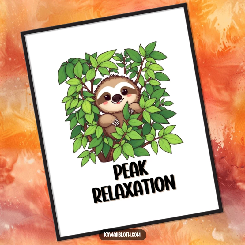 Funny digital art print of a sloth peeking from abundant green foliage with a hint of a smile, great for tranquil display.