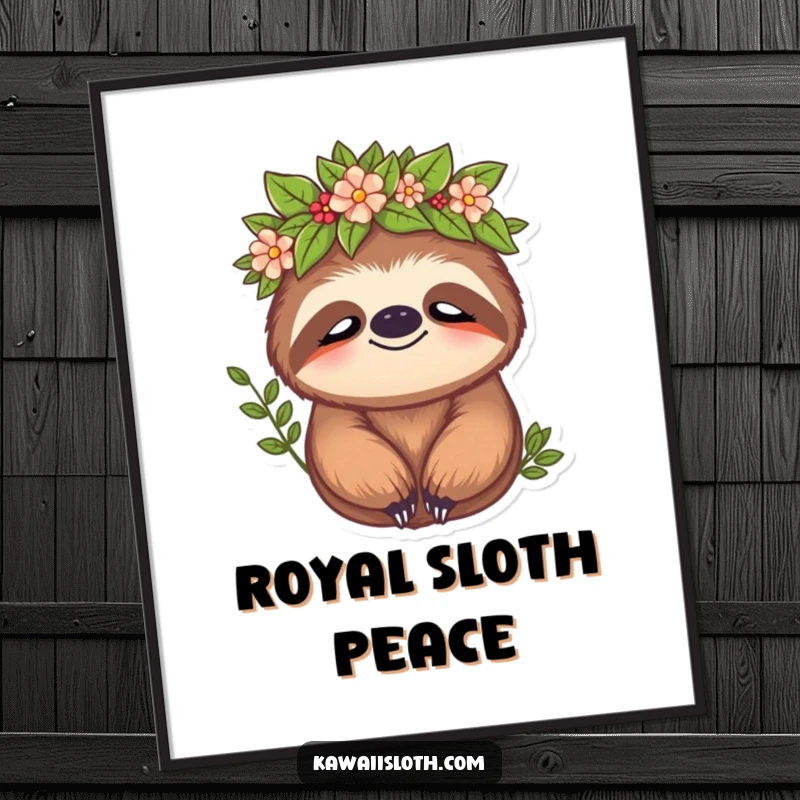 Funny sloth digital art print of a sloth wearing a leafy crown with a peaceful expression, embodying calm and natural royalty.