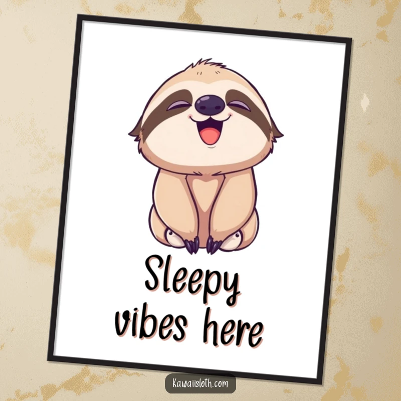 Funny digital art print of a playful sloth yawning, revealing a sweet, subtle smile, perfect for a calm atmosphere.
