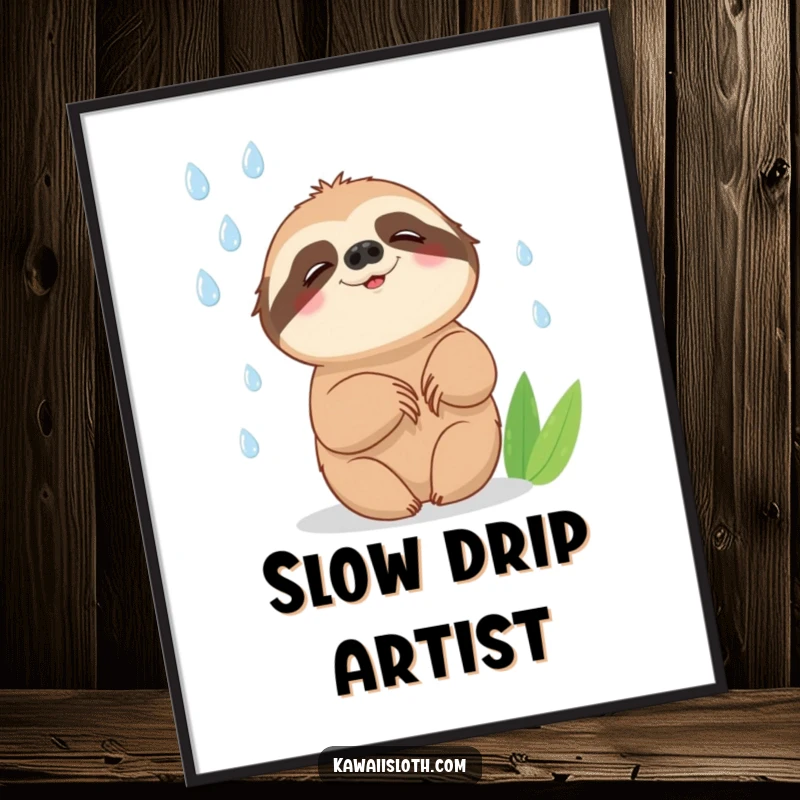 Funny digital art print of a sloth attempting to catch falling raindrops with a slow, happy smile, offering instant humorous and whimsical decor.