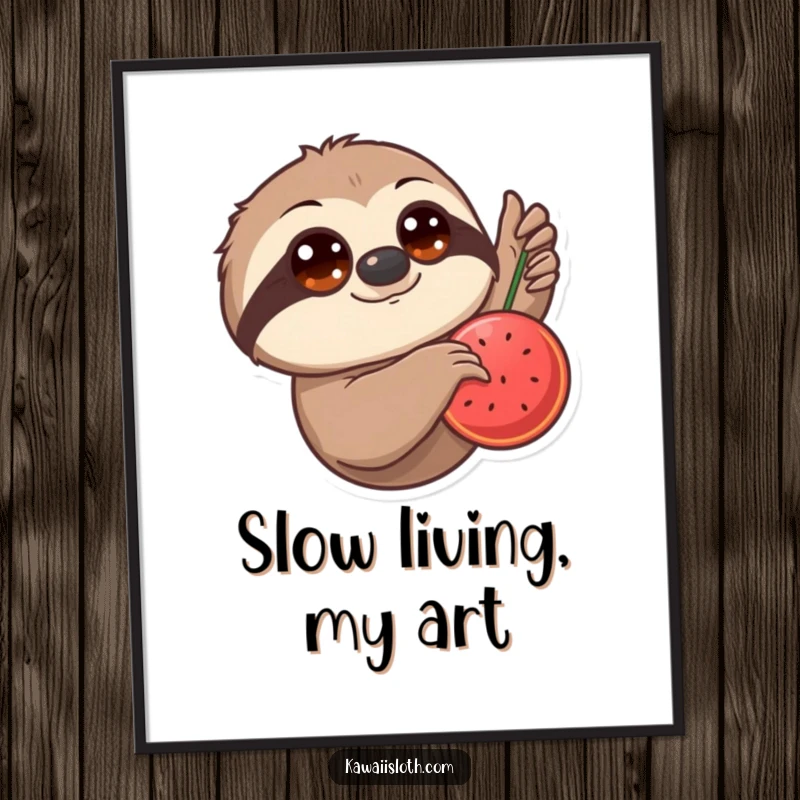 Funny Digital Art Print: A sloth with oversized eyes slowly reaches for a hanging fruit, capturing the beauty of patient desire.