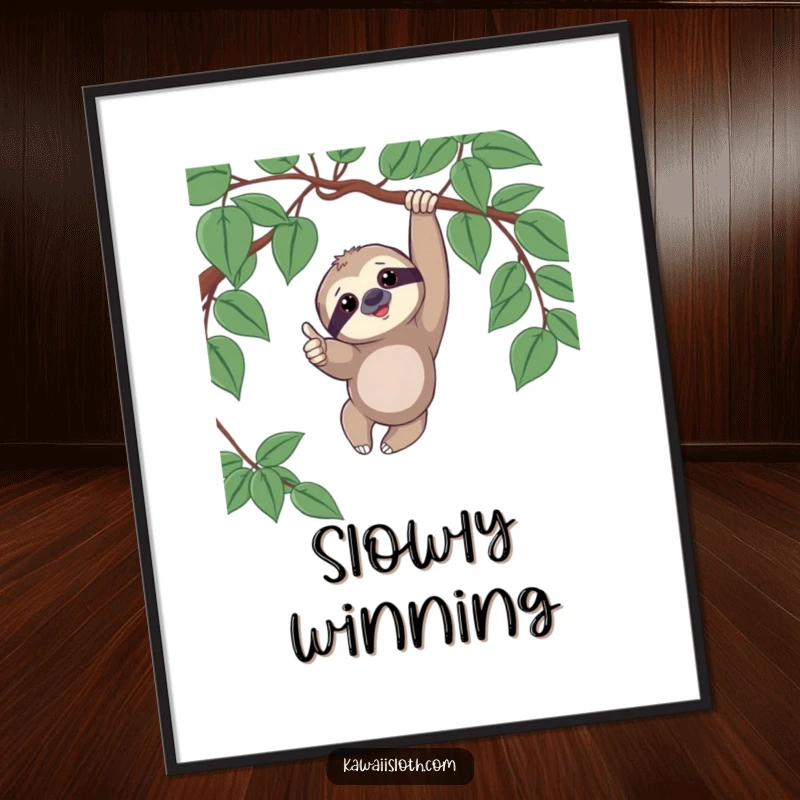 Funny digital art print of a sloth playfully dangling from a vine, giving a thumbs up, perfect for adding cheer to any room.