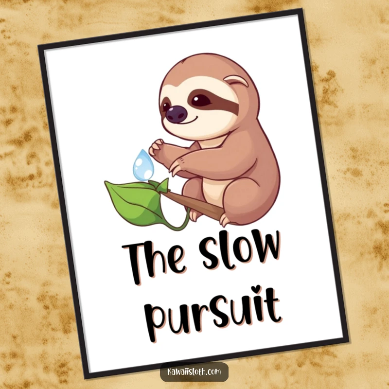 Funny sloth digital art print of a sloth cautiously reaching for a dewdrop on a leaf, perfect for instant download and humorous nature-themed decor.