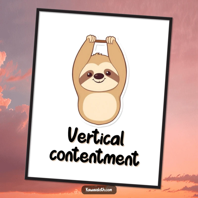 Funny digital art print of a smiling sloth hanging upside down with a contented expression, offering instant humorous and happy decor.