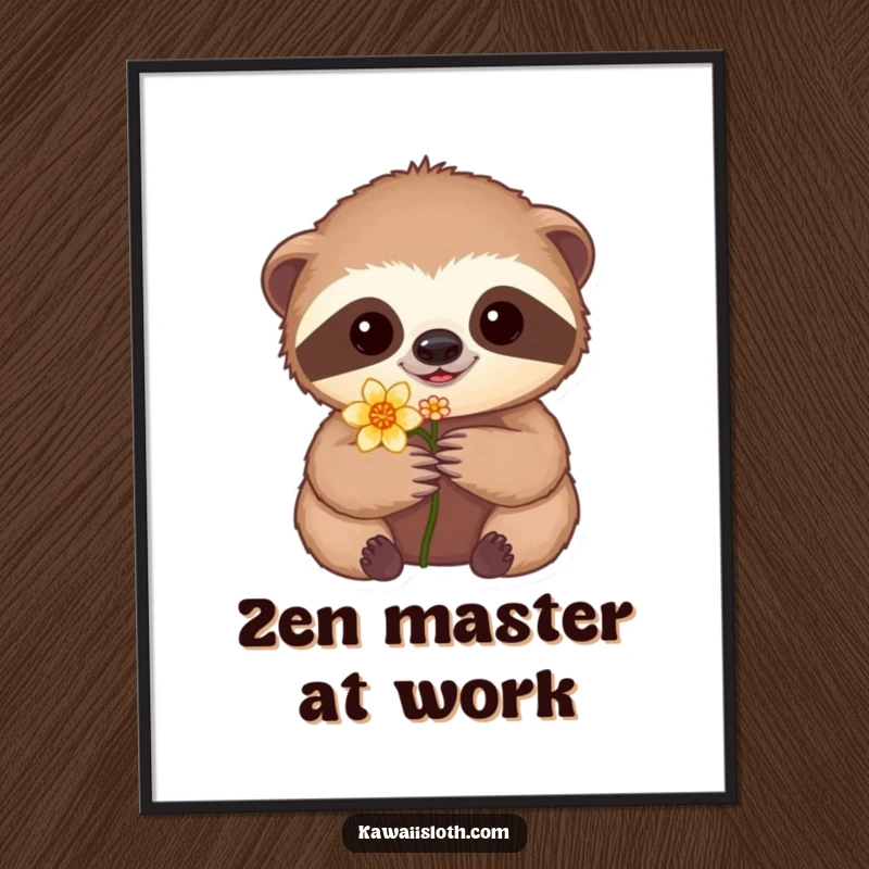 Funny digital art print of a sloth holding a flower with extreme care, ideal for printable wall art and humorous decor.