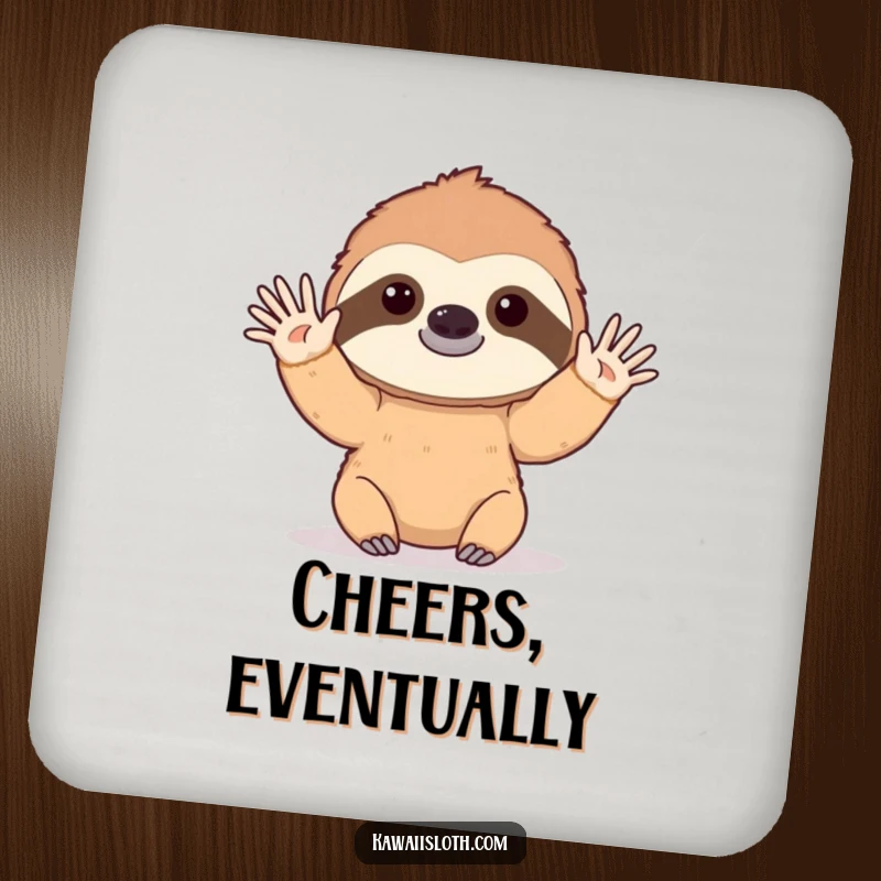 Funny drink coasters featuring a sloth slowly waving hello with a gentle, drawn-out motion, adding humorous and kind protection.