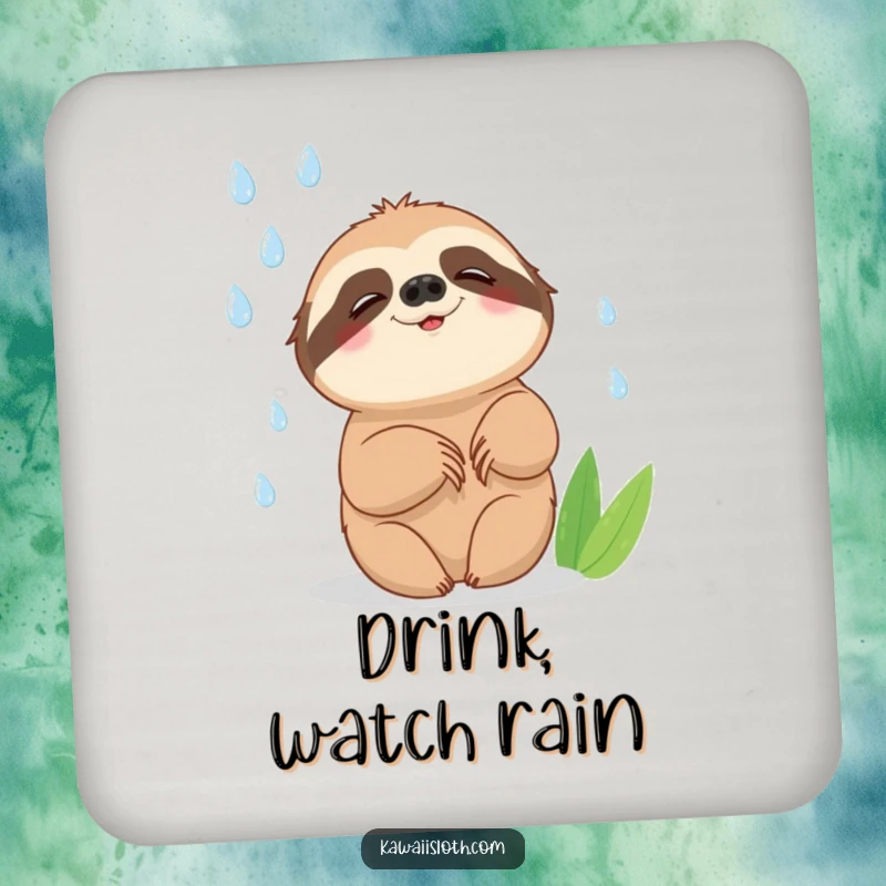 Funny drink coasters featuring a sloth attempting to catch falling raindrops with a slow, happy smile, adding humorous and joyful protection.
