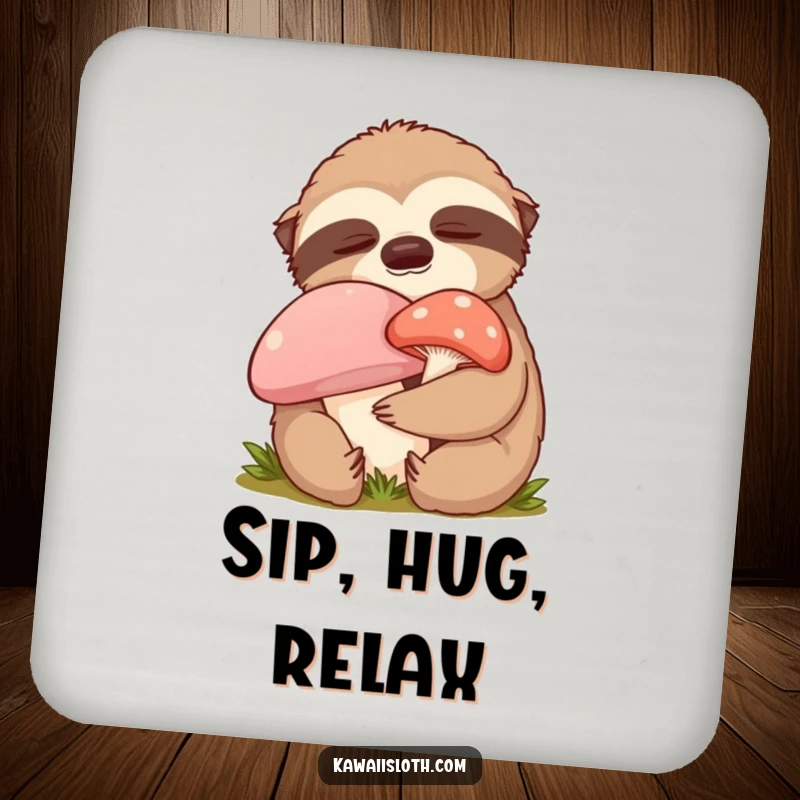 Funny content sloth drink coaster showing a sloth hugging a mushroom with closed eyes, a humorous and protective addition to any tabletop.