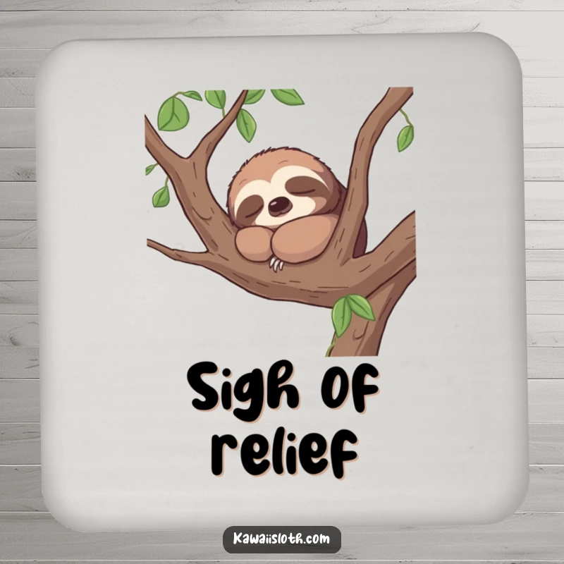 Funny drink coaster featuring a contented sloth napping peacefully on a tree branch, a humorous and protective accessory.