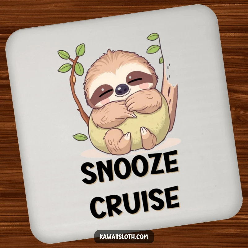 Funny drink coasters showing a sloth with dreamy eyes, hugging a soft mossy pillow, offering protection with cozy, humorous appeal.
