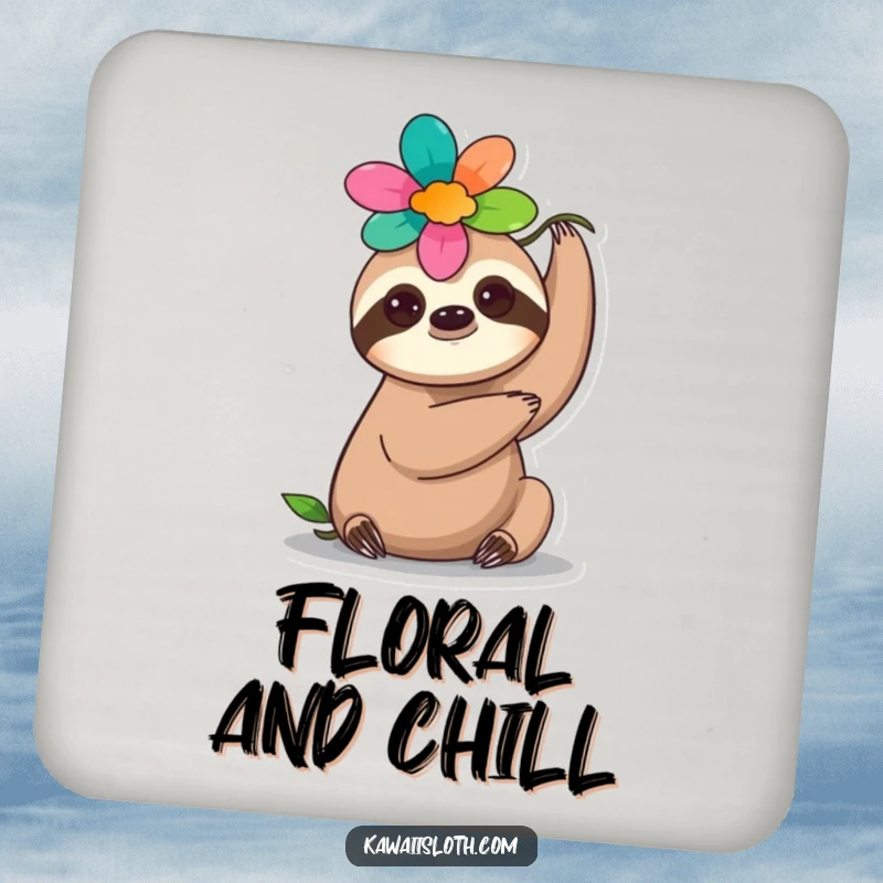 Funny flower sloth drink coaster, showing a sloth balancing a flower on its head, protecting surfaces with elegance.