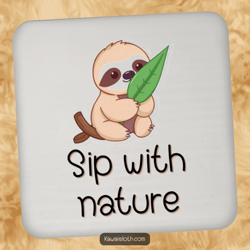 Funny Gentle Sloth Coaster: a sloth holding a large leaf, protecting surfaces with natural charm.