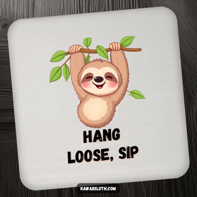 Funny happy sloth drink coaster showing a smiling sloth hanging, a humorous and protective addition to any tabletop.
