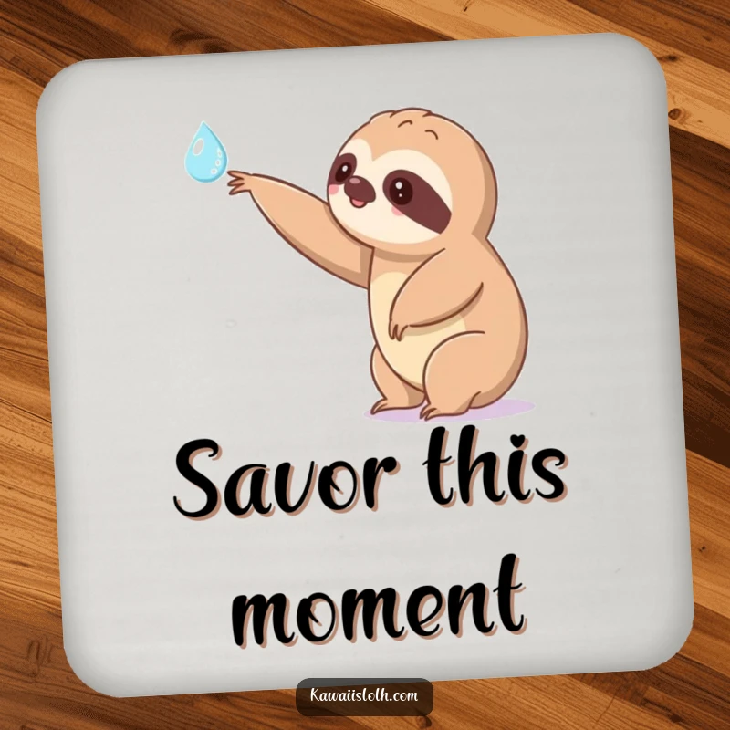 Funny kawaii sloth drink coasters extending a slow arm towards a shimmering dewdrop, showing cute characters and protecting surfaces with humor.