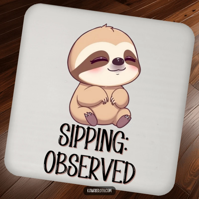 Funny drink coaster featuring a sloth slowly blinking, bringing peaceful humor to your table.