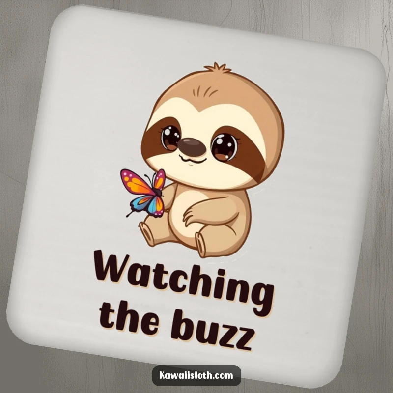 Funny drink coasters featuring a curious sloth with big eyes watching a butterfly, adding charm and protection.